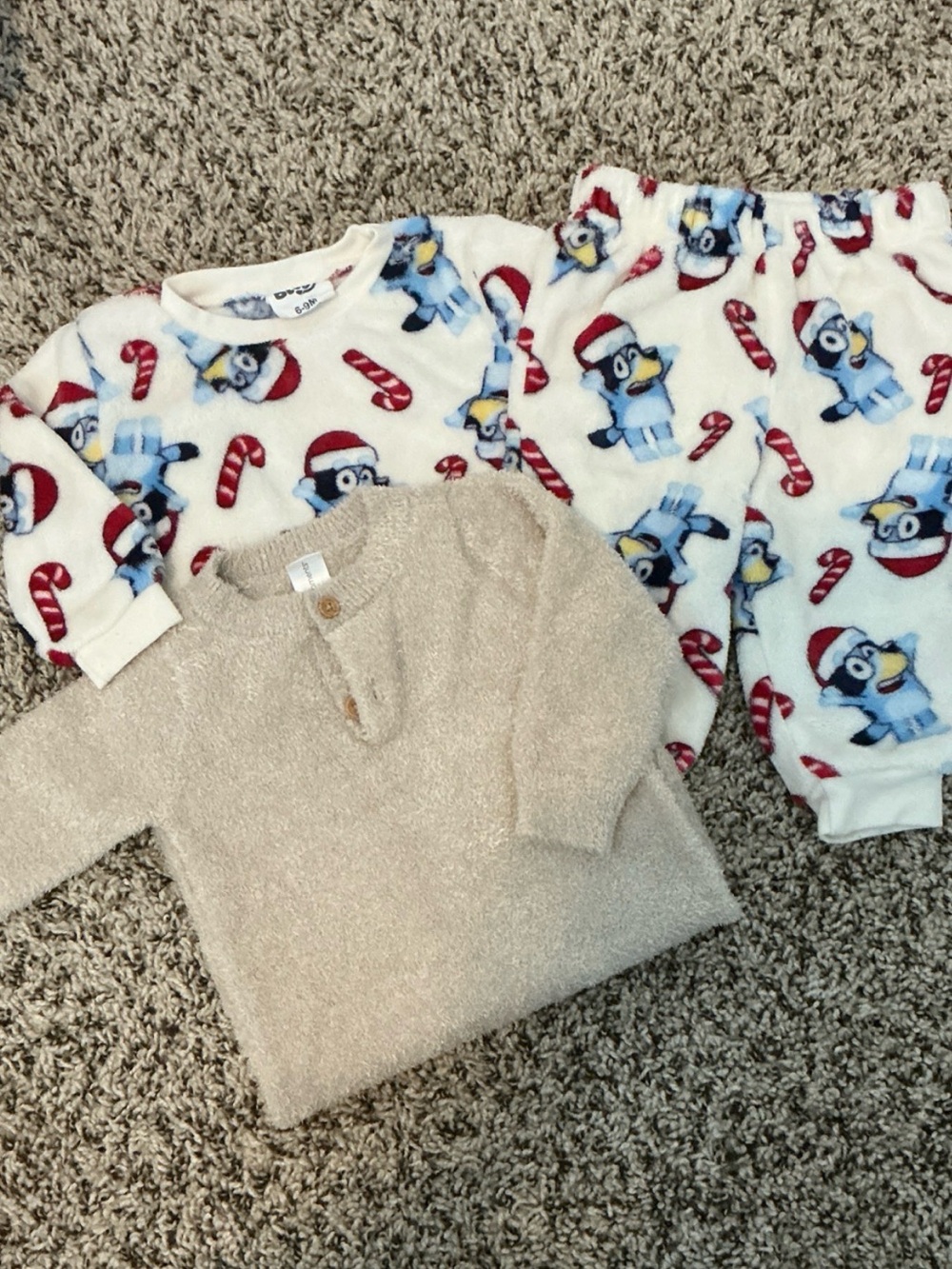 Cozy 6-9 month Plush Sweater & Pants & Plush Romper Set